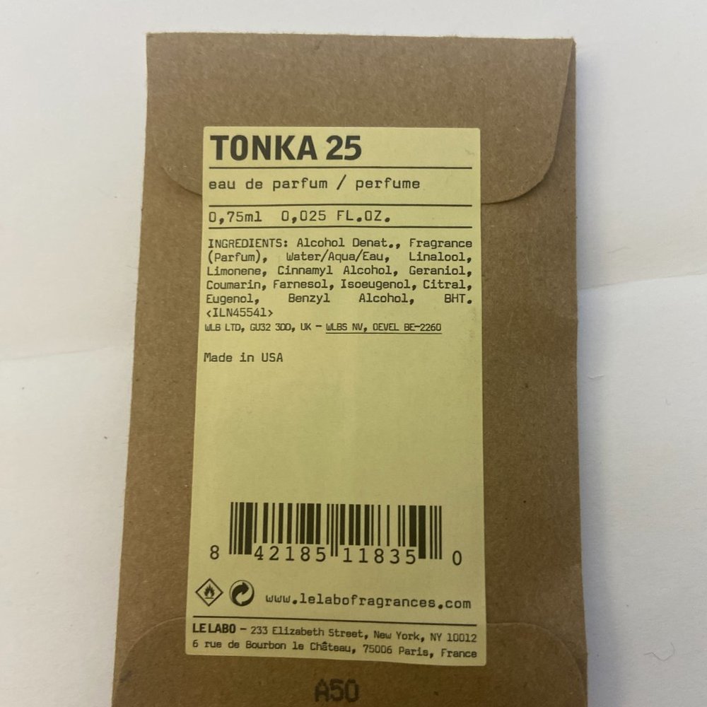 NEW with Box Le Labo TONKA 25 Eau de Parfum Sample 0.75mL (Sealed)